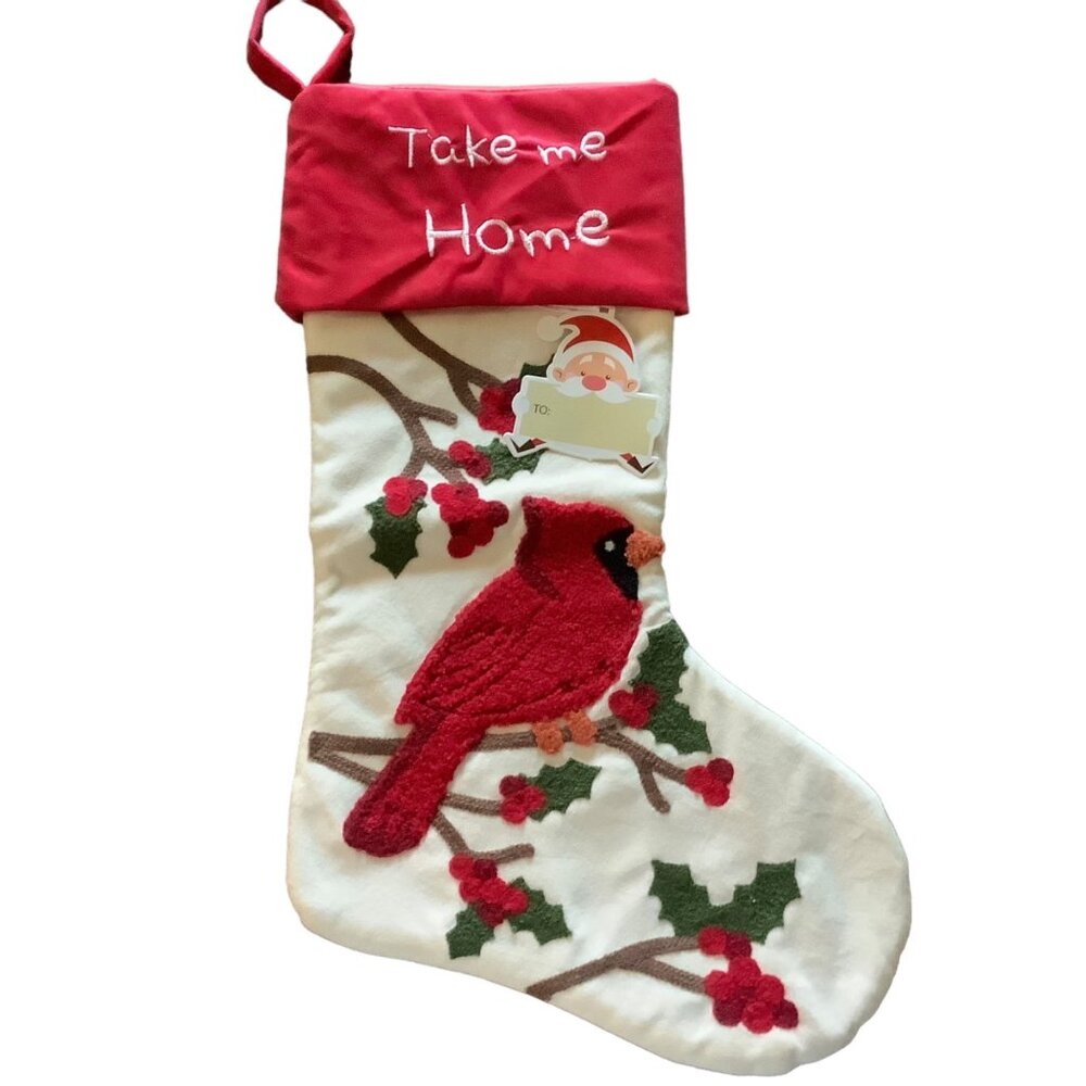 Valery Madelyn Take Me Home Cardinal Mistletoe Crewel Christmas‎ Stocking 21"